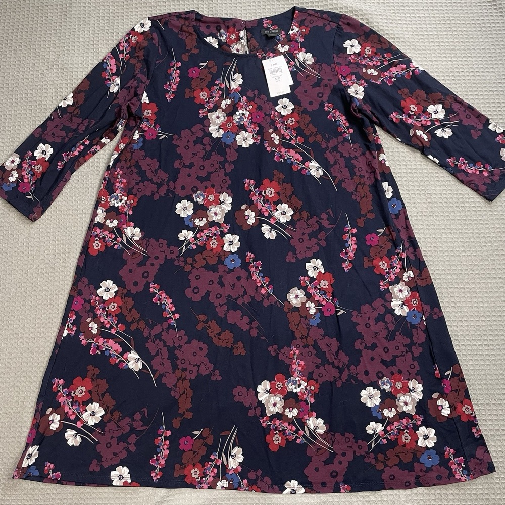 New J.Jill Wearever Dress Medium Petite MP Women's Navy Blue Floral Stretch